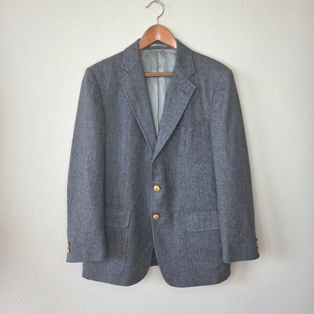 Vintage Mens Grey Wool Blazer Gold Crest Button Sport Coat Heather Grey Blacker
